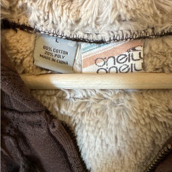 O’Neill High Pile Fleece Lined Hoodie Jacket Toggle Buttons Brown Sz L * Fits Sm - Picture 4 of 10